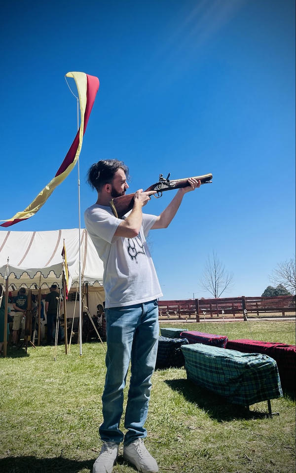 me with a blunderbuss at a tartan festival